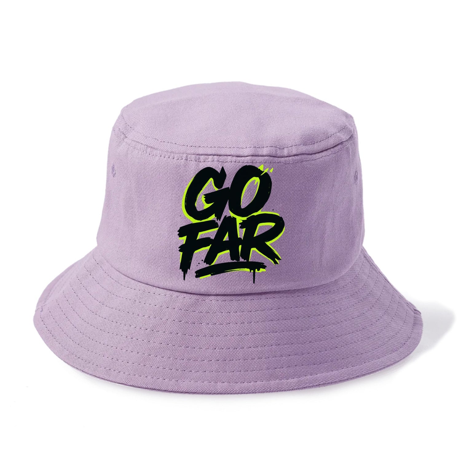 Bold typography design - "GO FAR" - distance goals, pushing limits - Bucket Hat - Purple