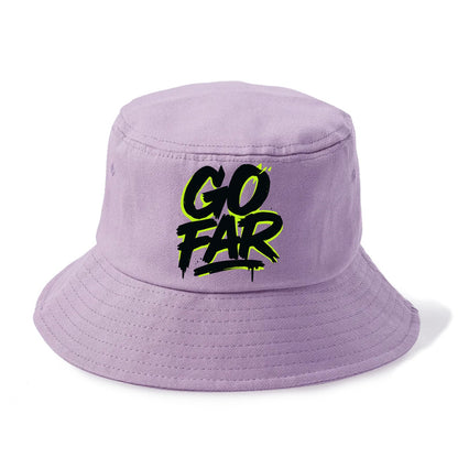 Bold typography design - "GO FAR" - distance goals, pushing limits - Bucket Hat - Purple