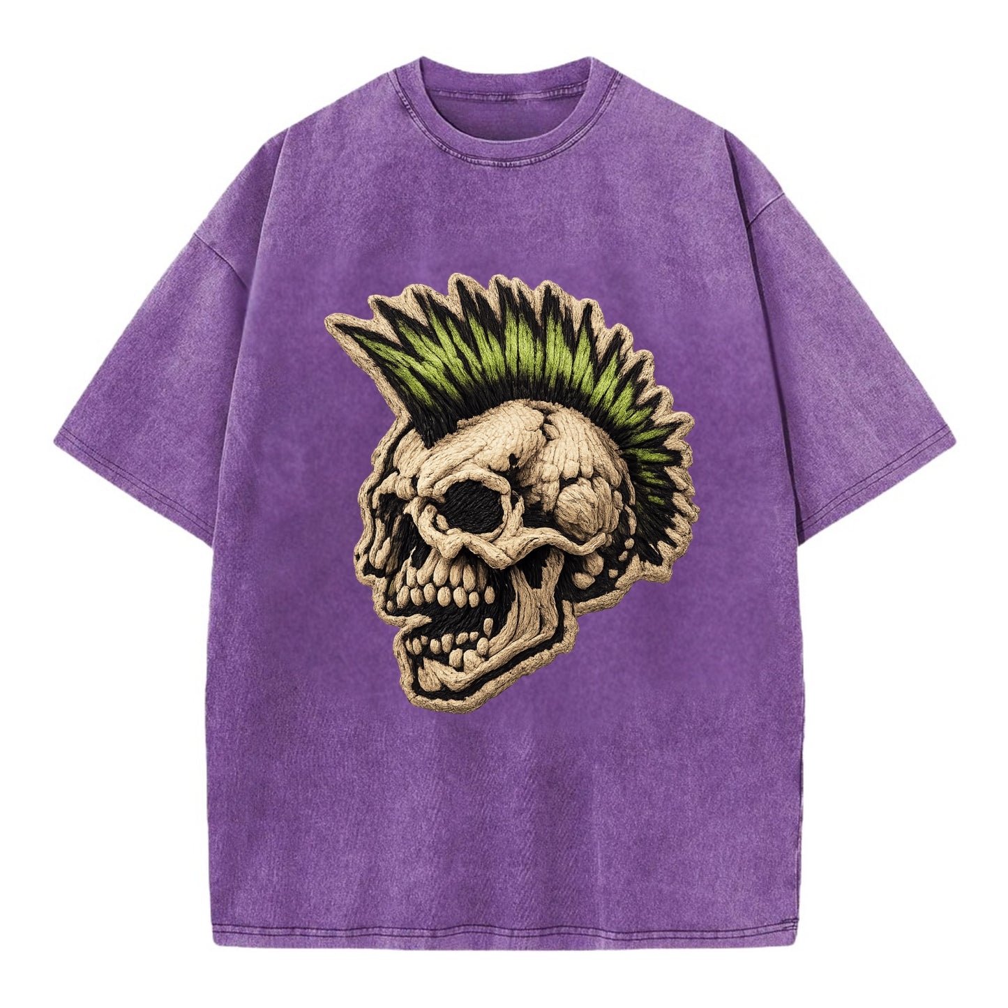 MOHAWK SKULL - punk skull with mohawk in neon green and black , punk rock - Vintage T-shirt - Purple
