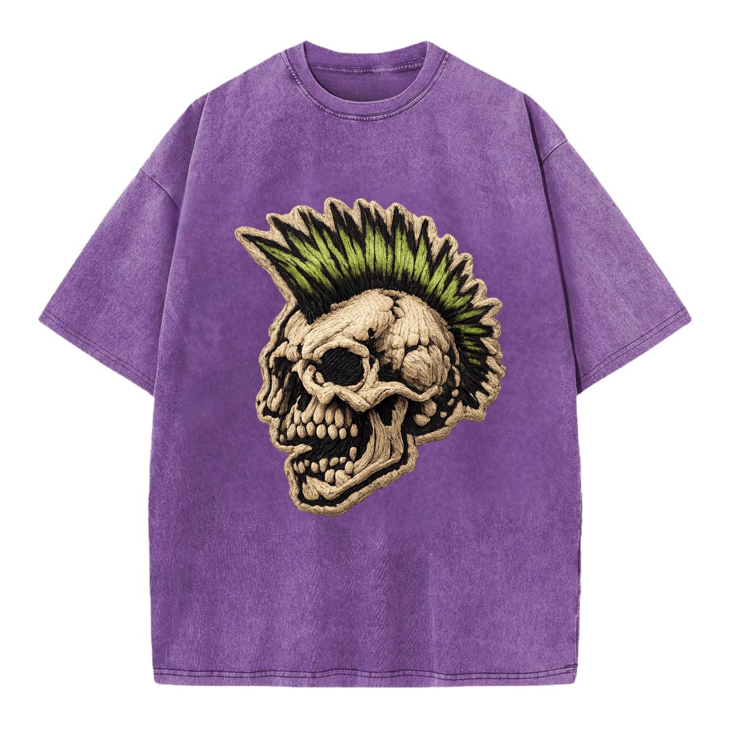 MOHAWK SKULL - punk skull with mohawk in neon green and black , punk rock - Vintage T-shirt - Purple