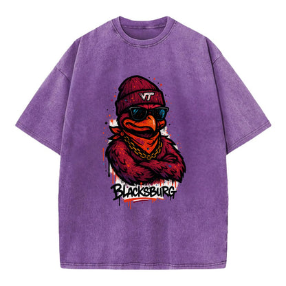 Blacksburg HokieBird wearing Virginia Tech beanie with VT patch - Vintage T-shirt - Purple