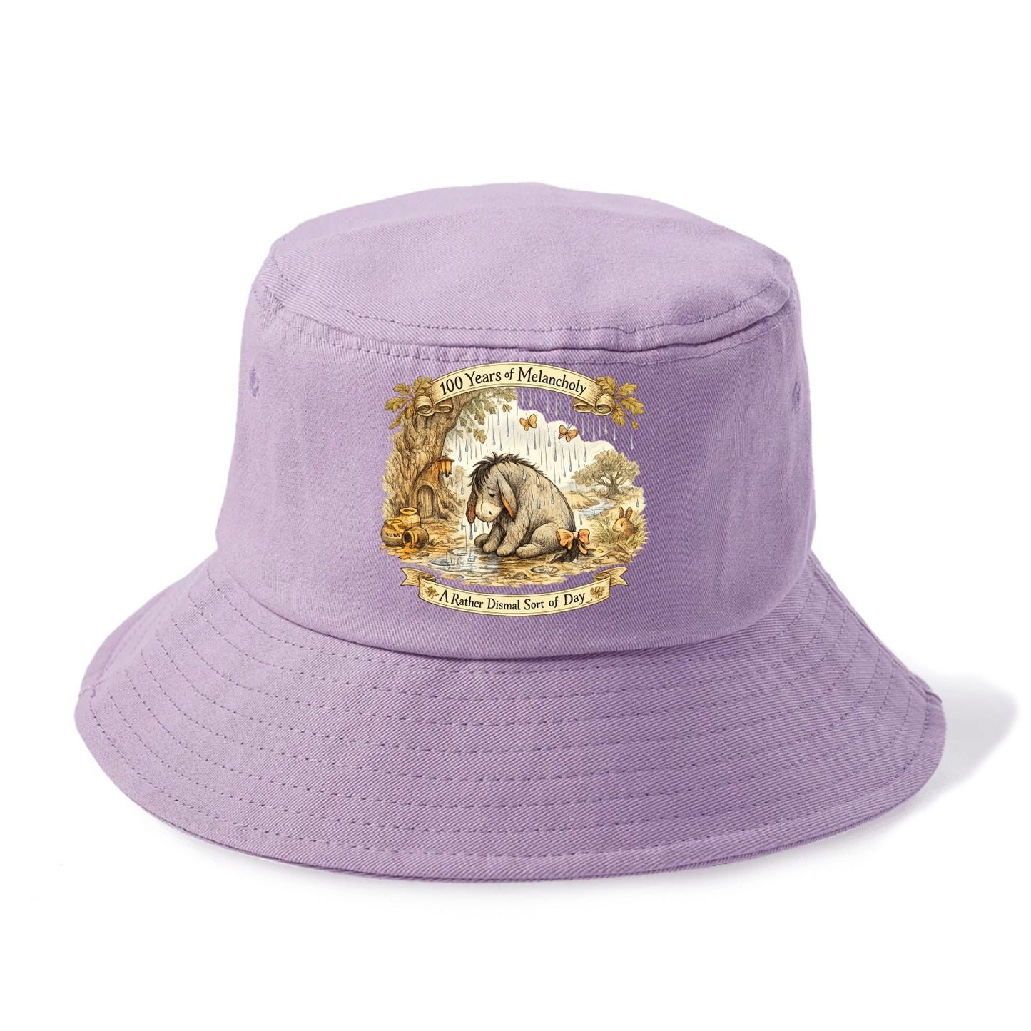 GLOOMY GLEN | Droopy figure in rain | Tattered tail bow | Pessimistic poetry | - Bucket Hat - Purple