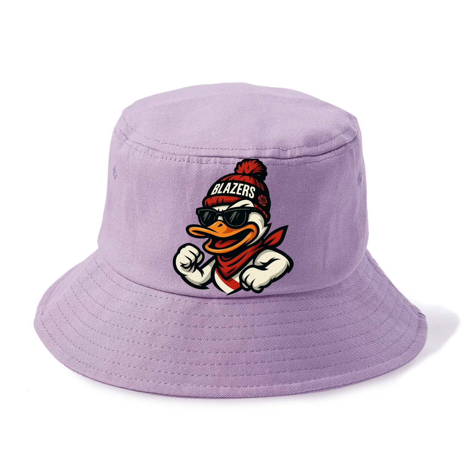 Oregon Duck wearing Trail Blazers beanie with rose patch and wayfarer sunglasses - Bucket Hat - Purple