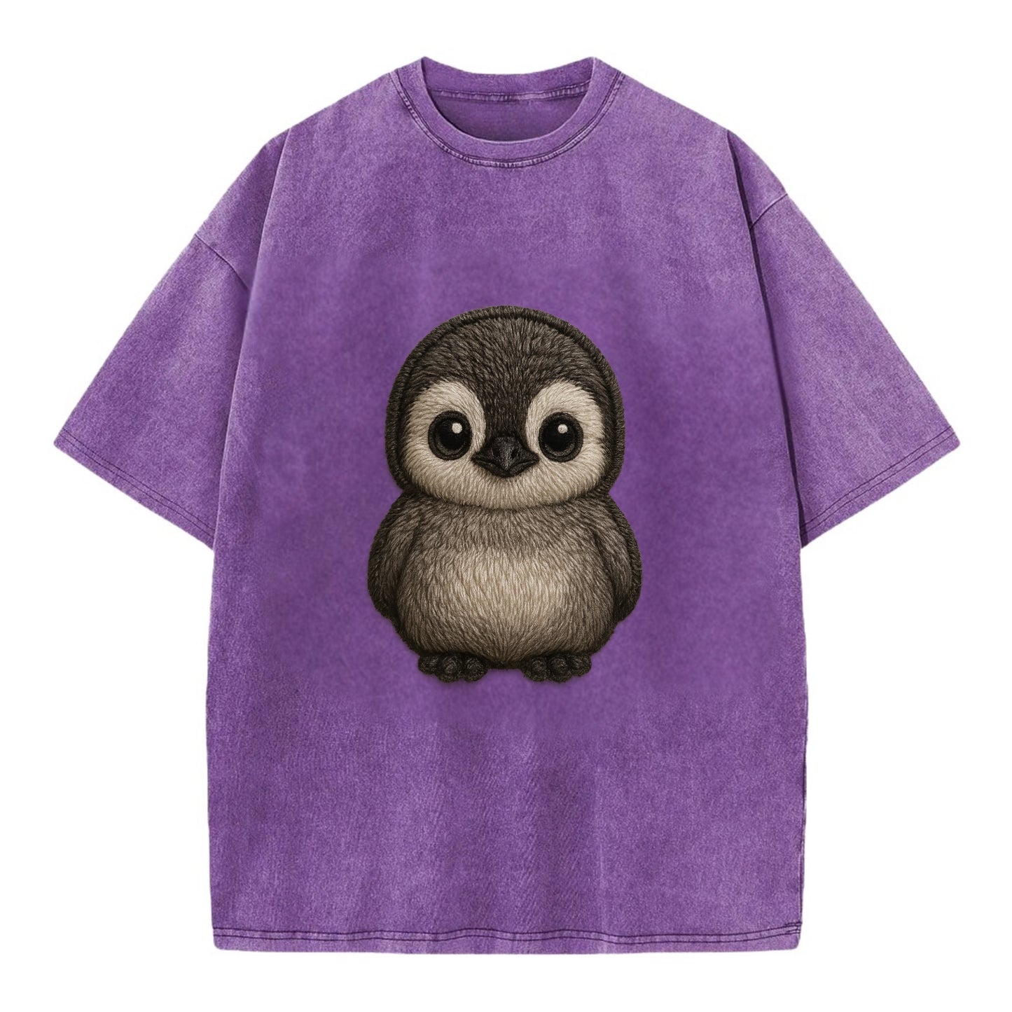 Baby Penguin Chick - gray fluffy, white face, round body, front-facing, tuxedo - Vintage T-shirt - Purple