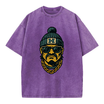 Honolulu Warrior wearing Hawaii beanie with H patch - Vintage T-shirt - Purple