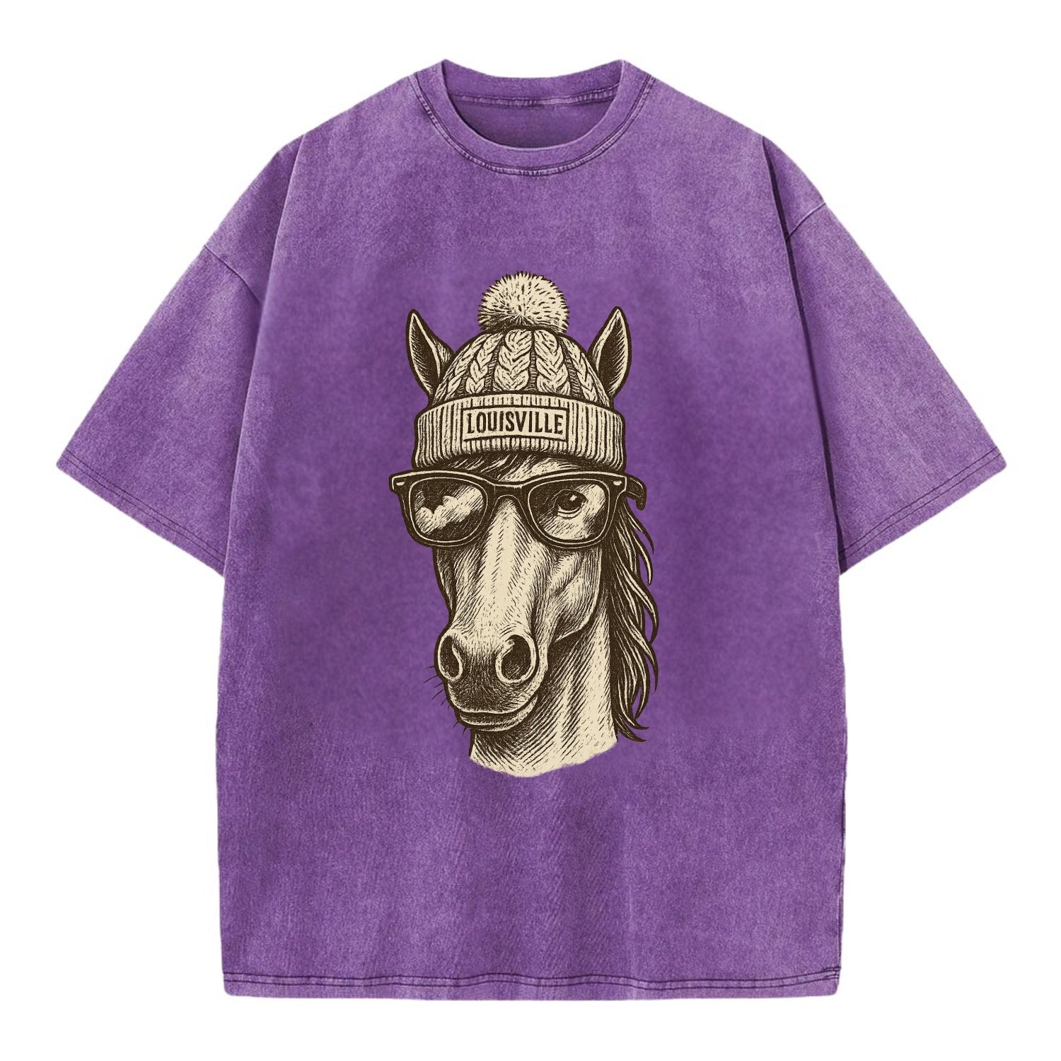 Kentucky Thoroughbred Horse wearing Louisville beanie with pom pom and wayfarer - Vintage T-shirt - Purple