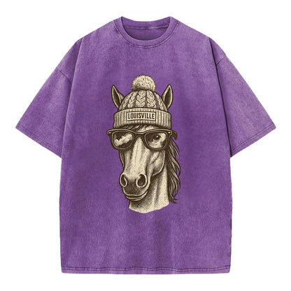 Kentucky Thoroughbred Horse wearing Louisville beanie with pom pom and wayfarer - Vintage T-shirt - Purple