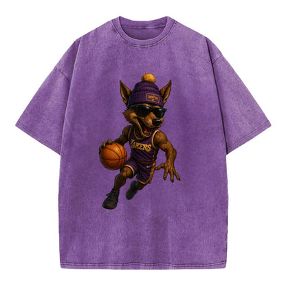 Hollywood Coyote wearing Lakers beanie with Showtime patch and wayfarer sunglasses - Vintage T-shirt - Purple