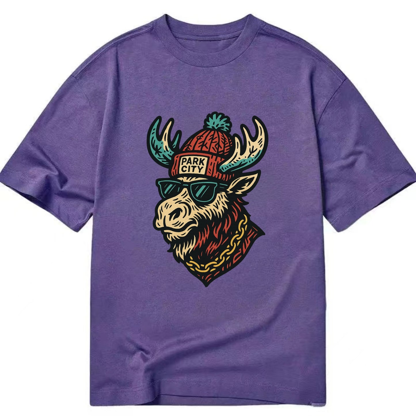 Park City Moose wearing Park City beanie with pom pom and wayfarer sunglasses - Classic T-shirt - Purple