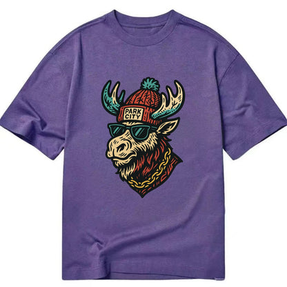 Park City Moose wearing Park City beanie with pom pom and wayfarer sunglasses - Classic T-shirt - Purple