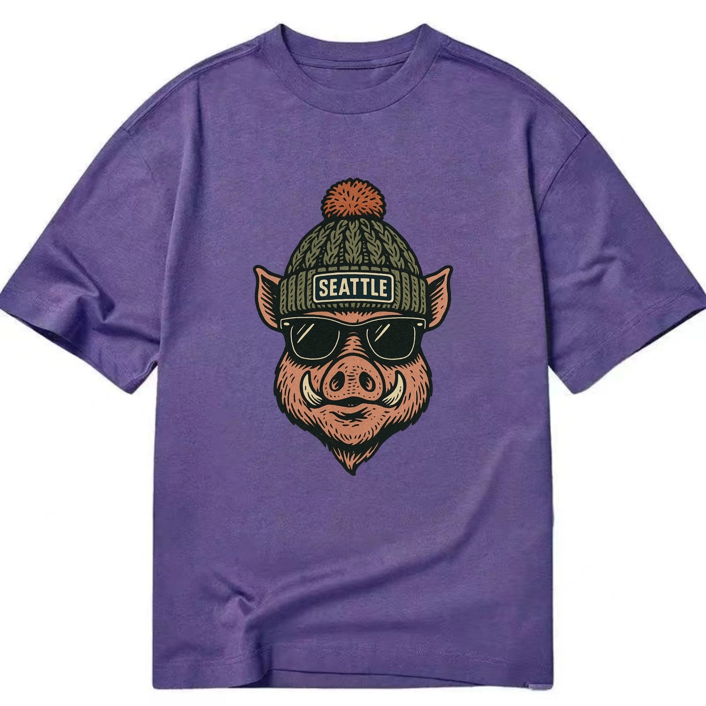 Washington Hog wearing Seattle beanie with pom pom and wayfarer sunglasses - Classic T-shirt - Purple