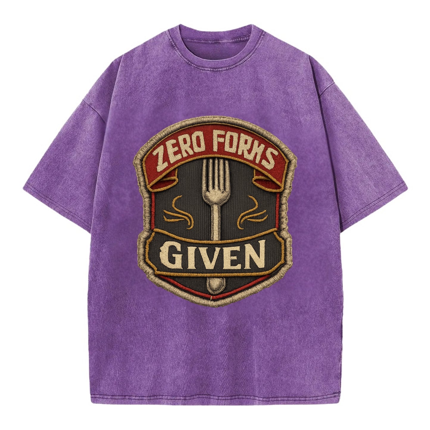 ZERO FORKS GIVEN - fork with text in silver , no cares attitude - Vintage T-shirt - Purple