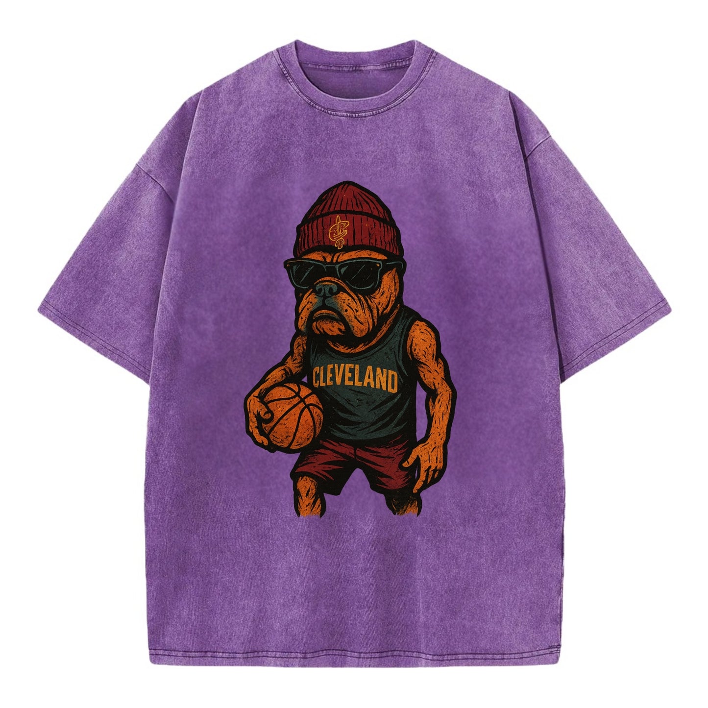Cleveland Bulldog wearing Cavaliers wine and gold beanie with sword patch and - Vintage T-shirt - Purple
