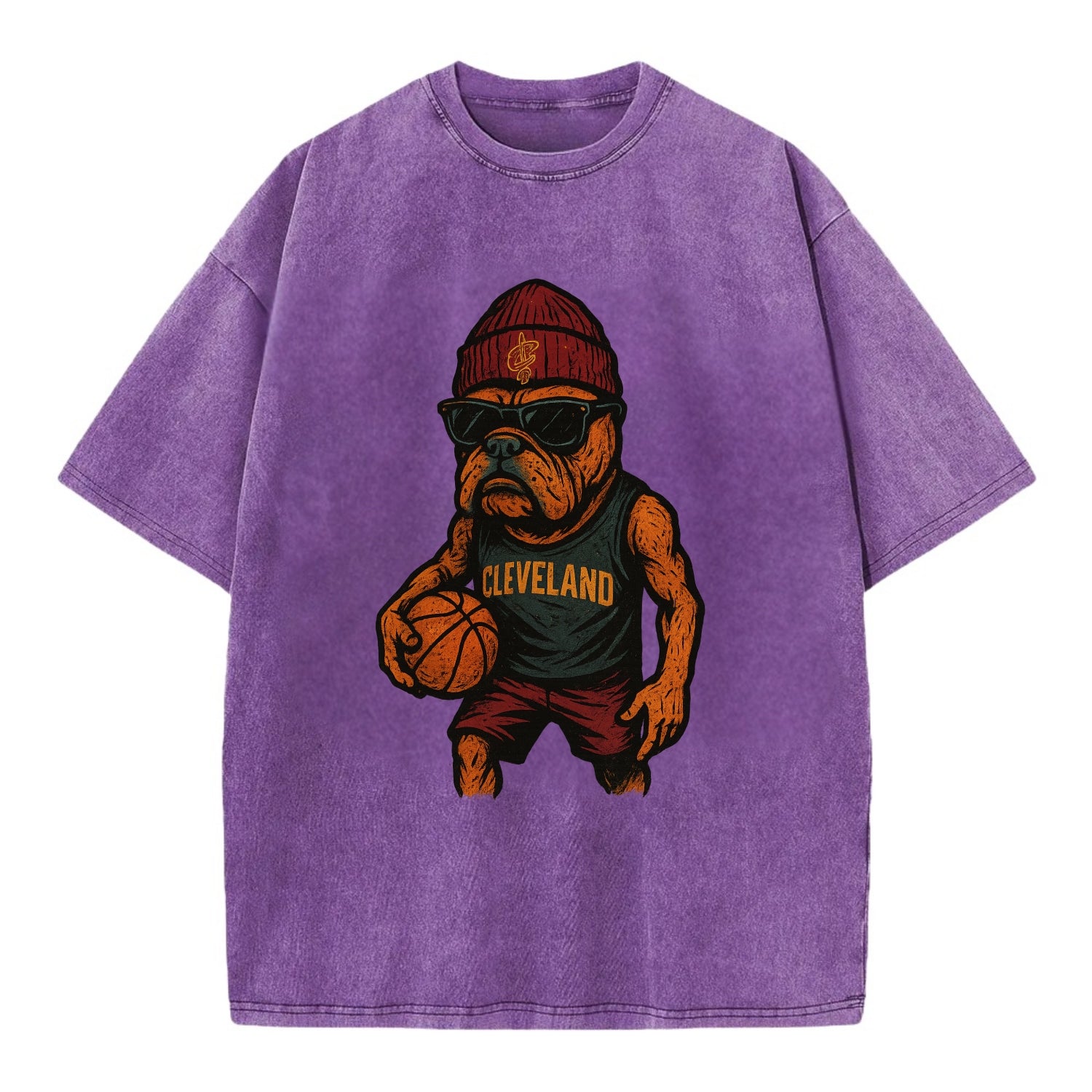 Cleveland Bulldog wearing Cavaliers wine and gold beanie with sword patch and - Vintage T-shirt - Purple