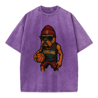 Cleveland Bulldog wearing Cavaliers wine and gold beanie with sword patch and - Vintage T-shirt - Purple