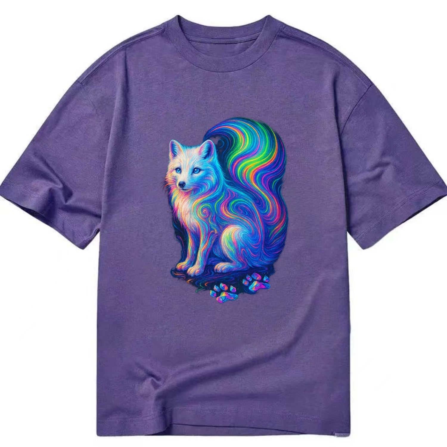 Graceful arctic fox with tail streaming aurora colors, white fur with prismatic - Classic T-shirt - Purple
