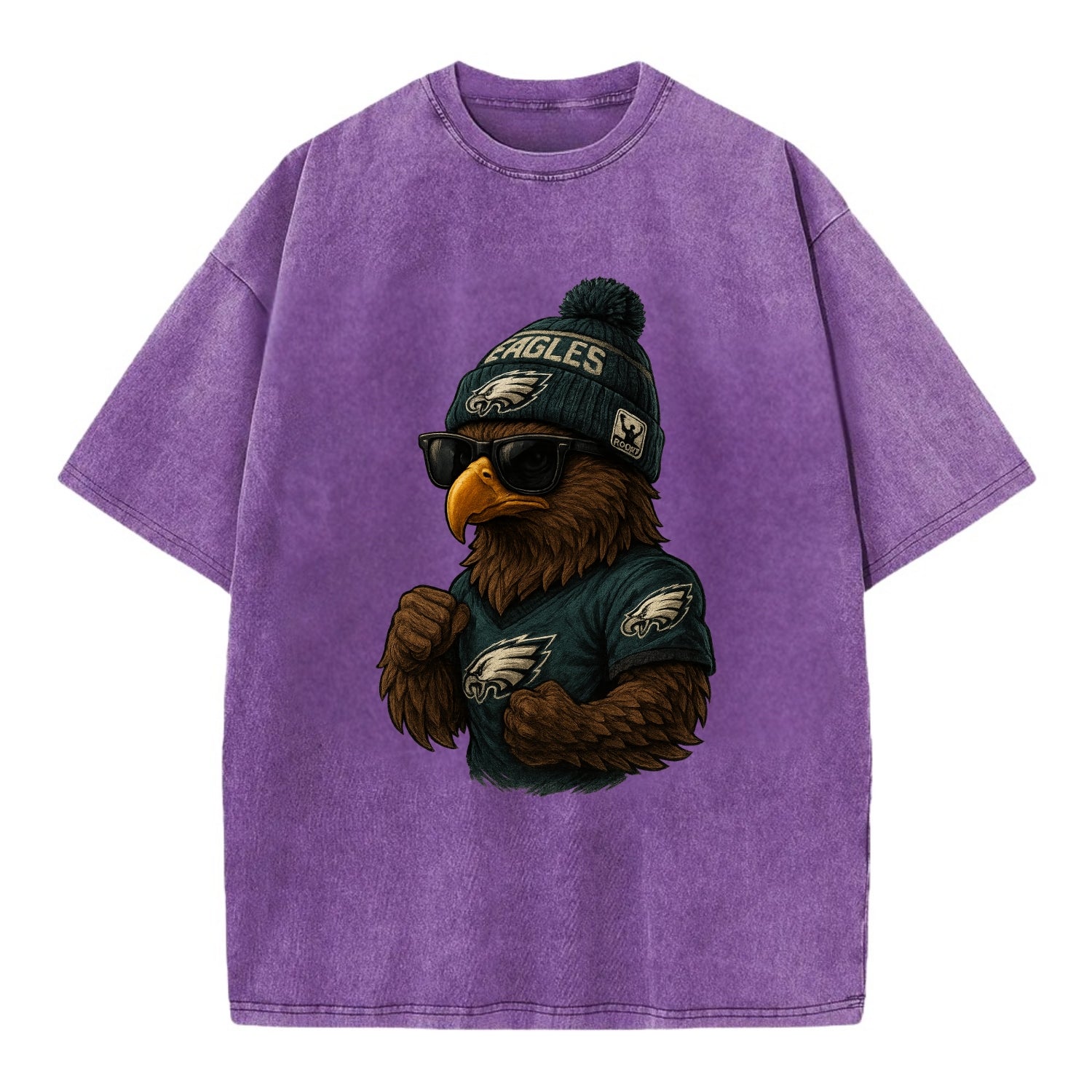 Philly Hawk wearing Eagles beanie with Rocky patch and wayfarer sunglasses - Vintage T-shirt - Purple