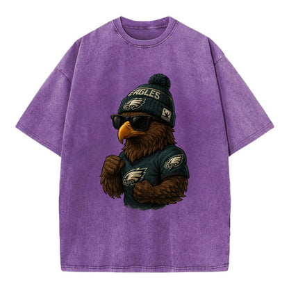 Philly Hawk wearing Eagles beanie with Rocky patch and wayfarer sunglasses - Vintage T-shirt - Purple