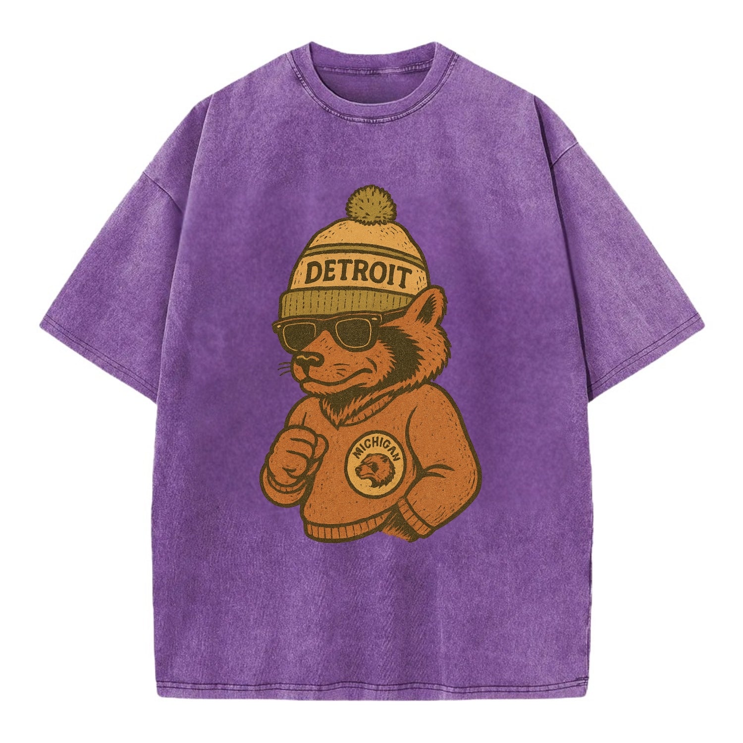 Michigan Wolverine wearing Detroit beanie with pom pom and wayfarer sunglasses - Vintage T-shirt - Purple