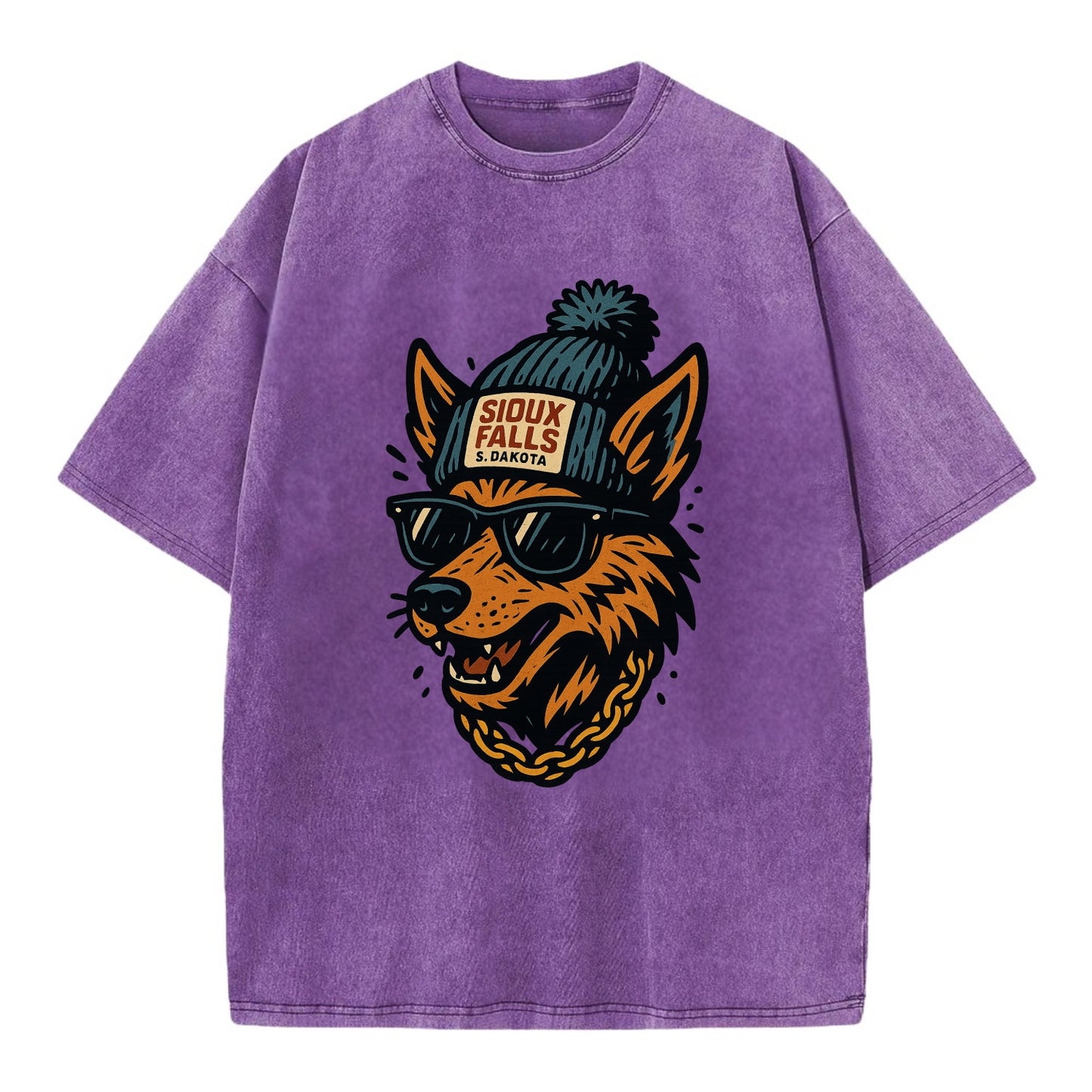 South Dakota Coyote wearing Sioux Falls beanie with pom pom and wayfarer - Vintage T-shirt - Purple