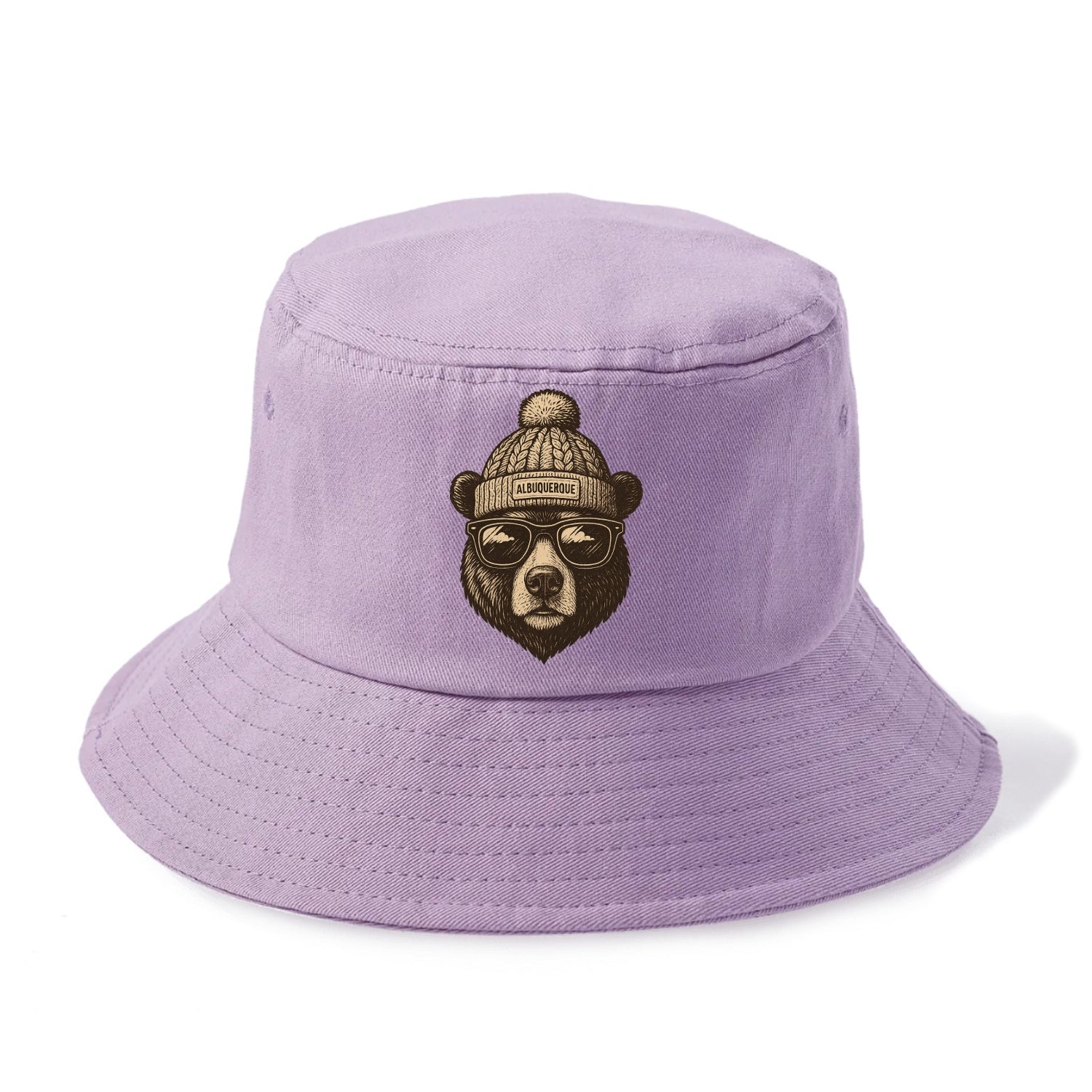 New Mexico Black Bear wearing Albuquerque beanie with pom pom and wayfarer sunglasses - Bucket Hat - Purple
