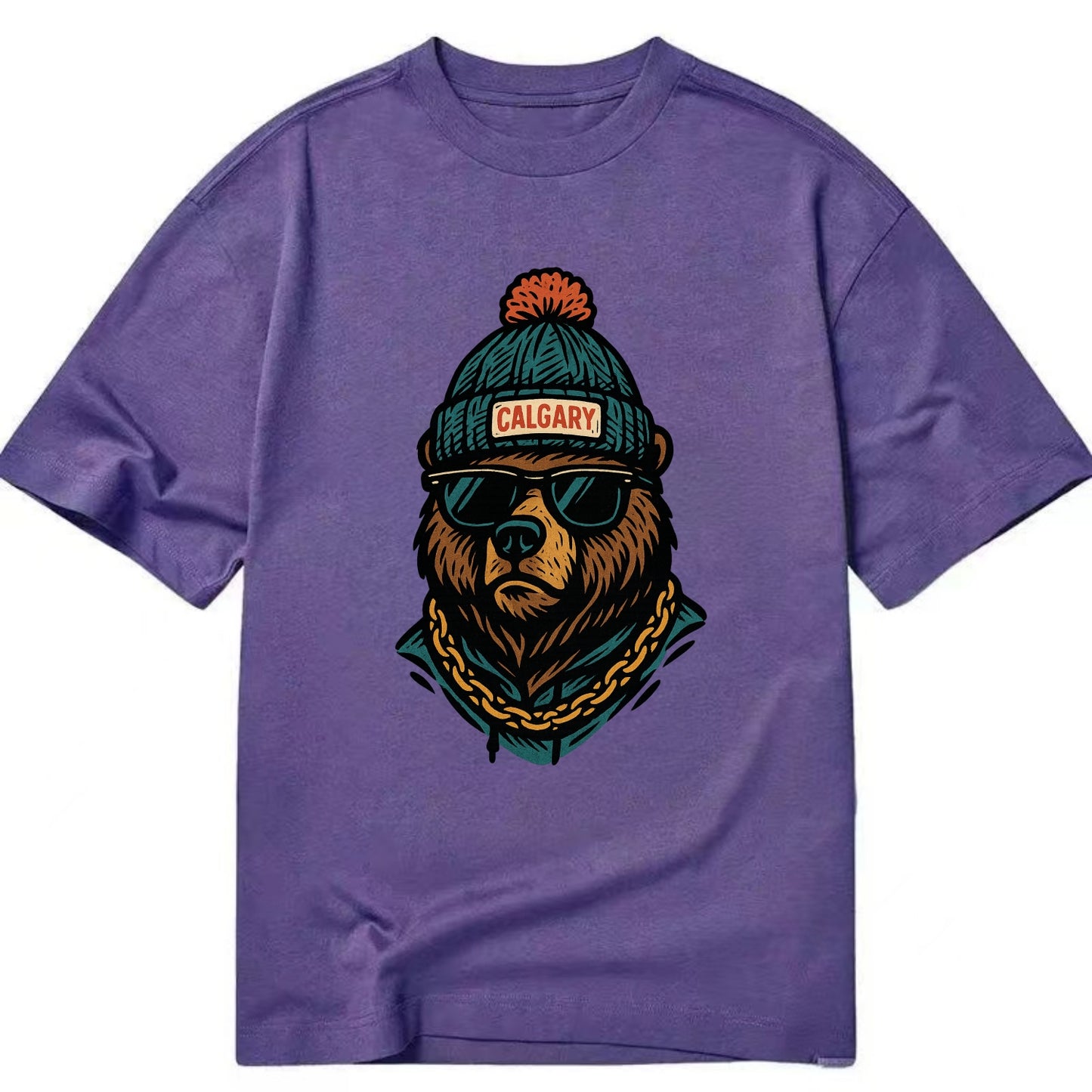 Calgary Grizzly Bear wearing Calgary beanie with pom pom and wayfarer sunglasses - Classic T-shirt - Purple