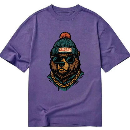 Calgary Grizzly Bear wearing Calgary beanie with pom pom and wayfarer sunglasses - Classic T-shirt - Purple