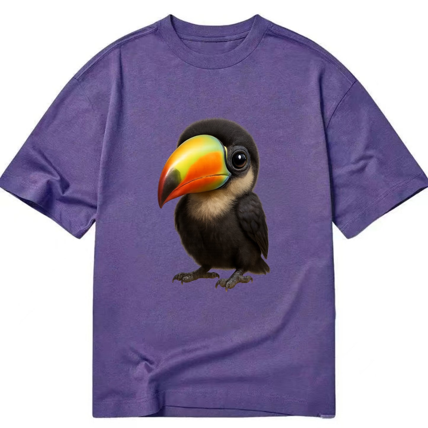 Baby Toucan - oversized colorful beak, black feathers, bright eyes, front-facing, - Classic T-shirt - Purple