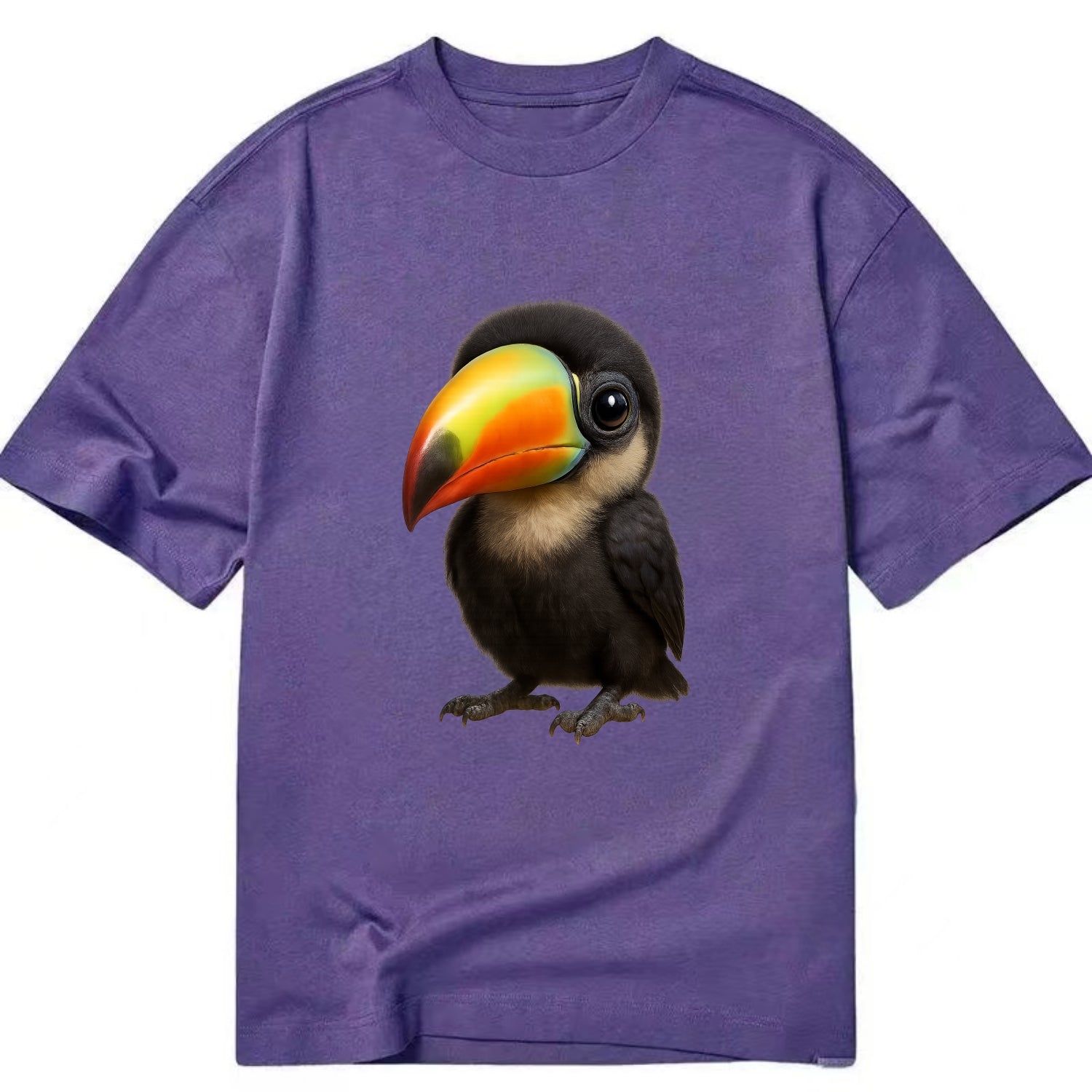 Baby Toucan - oversized colorful beak, black feathers, bright eyes, front-facing, - Classic T-shirt - Purple