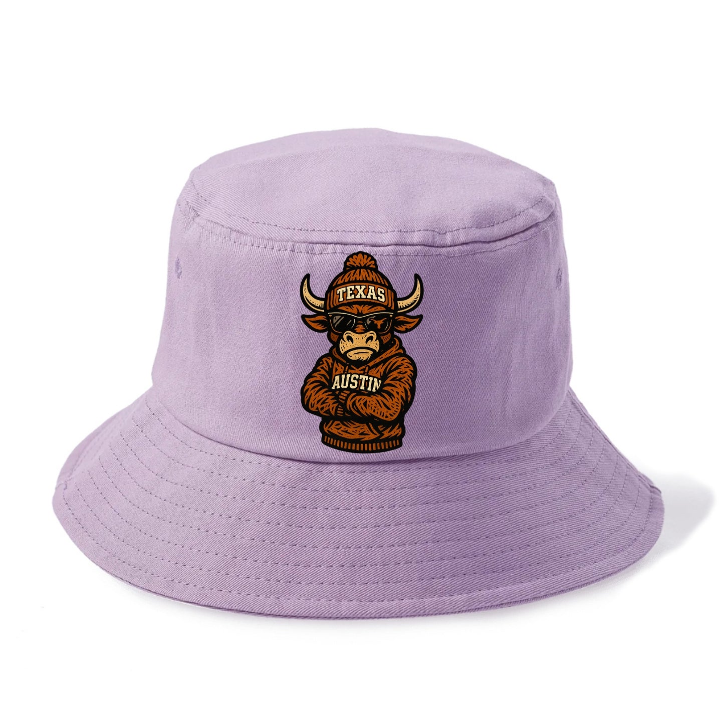 Austin Bevo wearing Texas beanie with longhorn patch - Bucket Hat - Purple