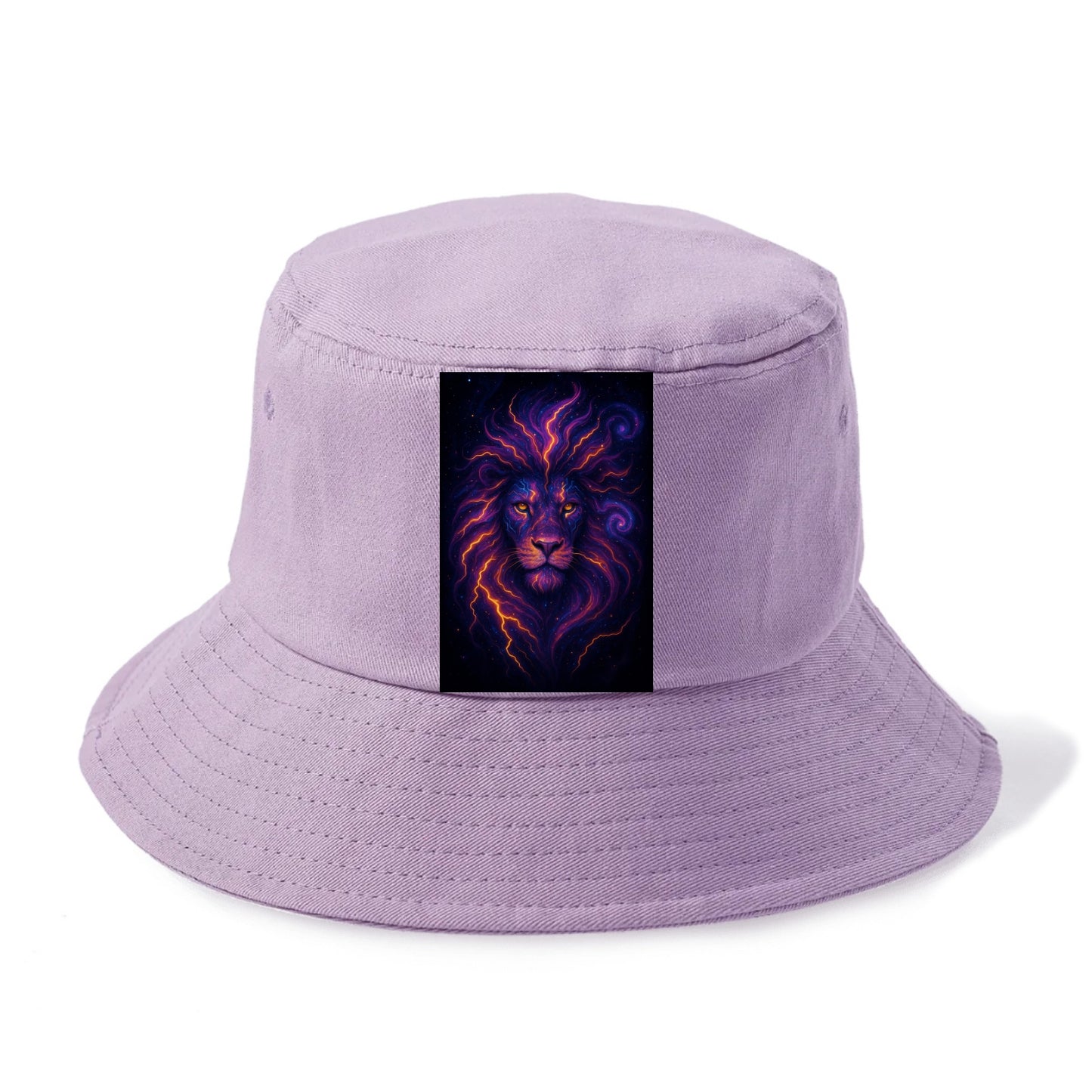 Regal lion with mane made of electric currents, neon yellow and hot pink energy flows, - Bucket Hat - Purple