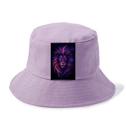 Regal lion with mane made of electric currents, neon yellow and hot pink energy flows, - Bucket Hat - Purple