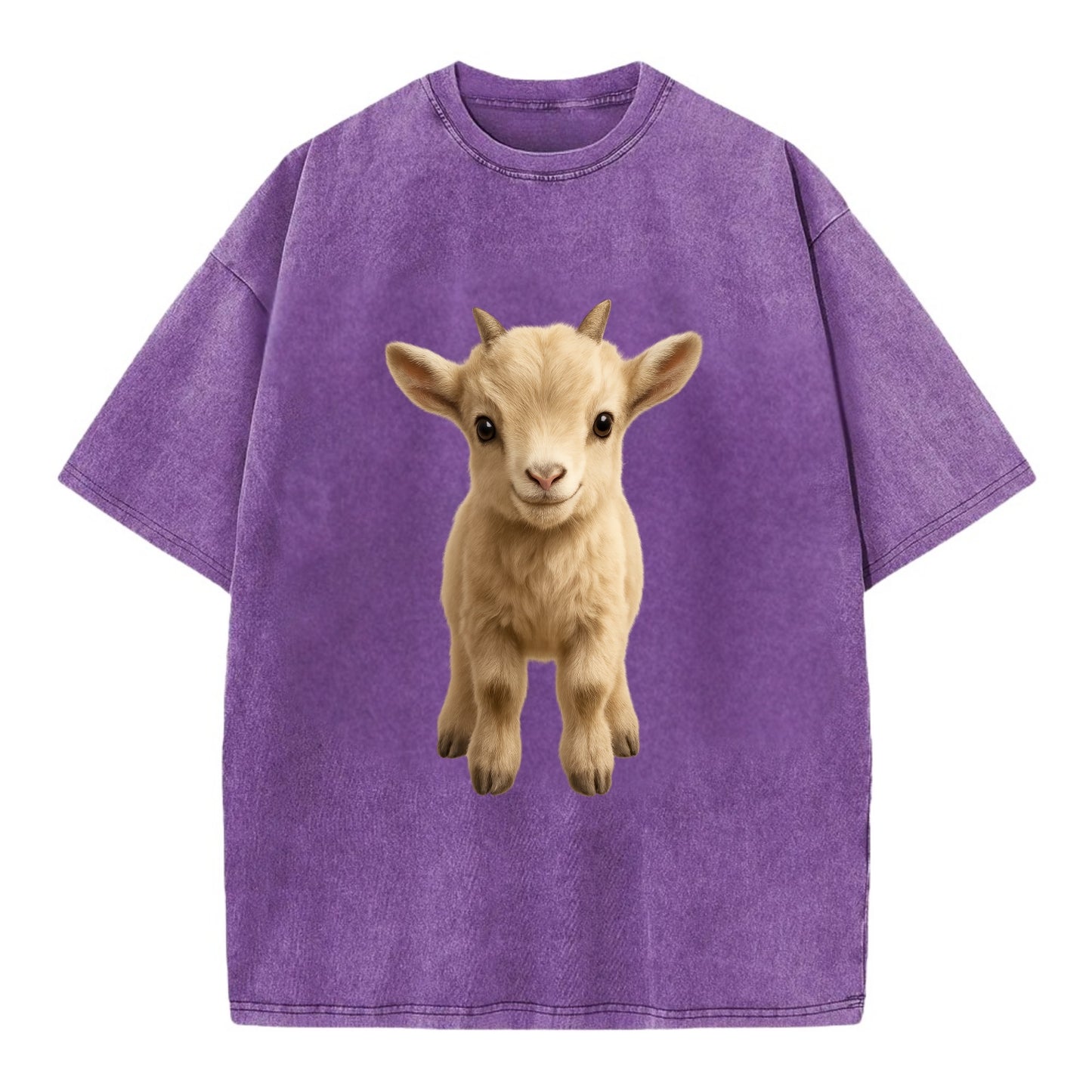 Baby Goat Kid - small horns, rectangular pupils, fluffy, playful eyes, - Vintage T-shirt - Purple