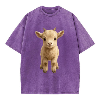 Baby Goat Kid - small horns, rectangular pupils, fluffy, playful eyes, - Vintage T-shirt - Purple