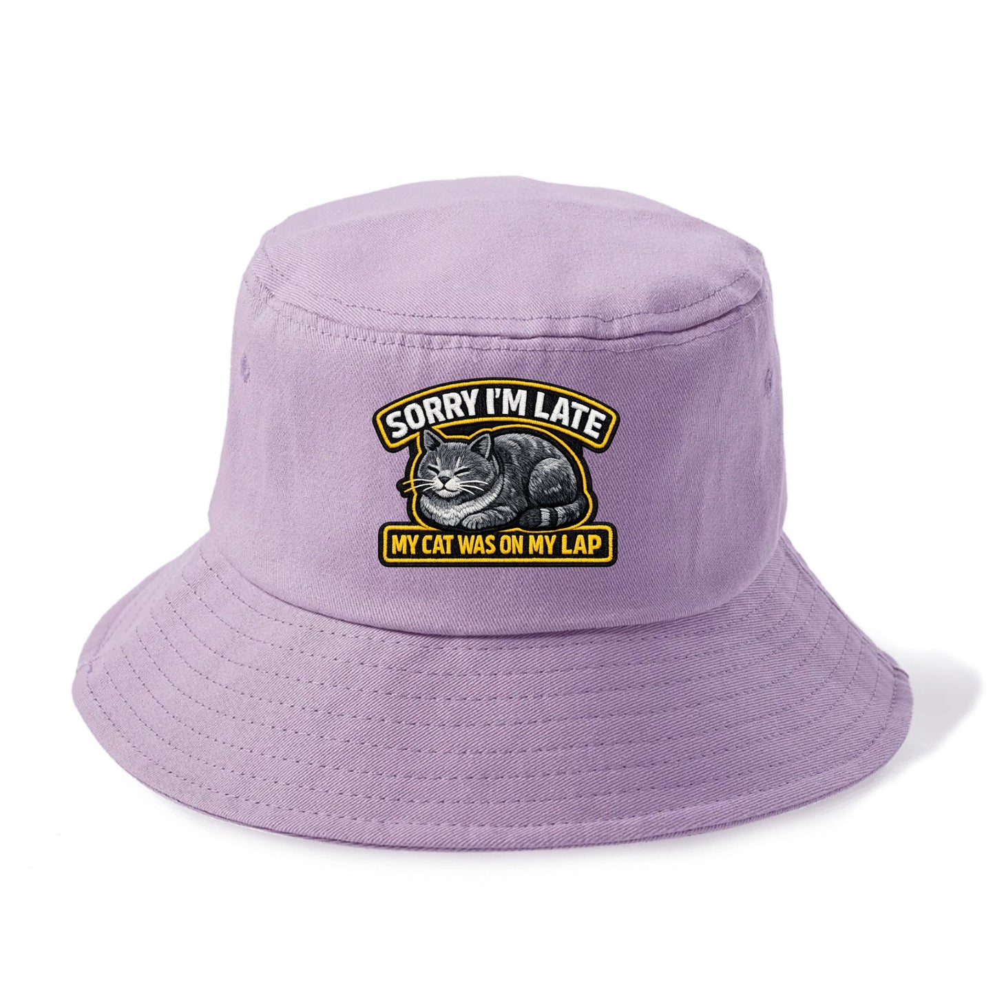 SORRY IM LATE MY CAT WAS ON MY LAP - cat loaf in gray , valid excuse - Bucket Hat - Purple