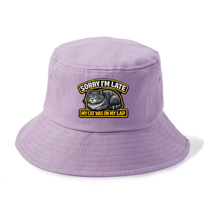 SORRY IM LATE MY CAT WAS ON MY LAP - cat loaf in gray , valid excuse - Bucket Hat - Purple