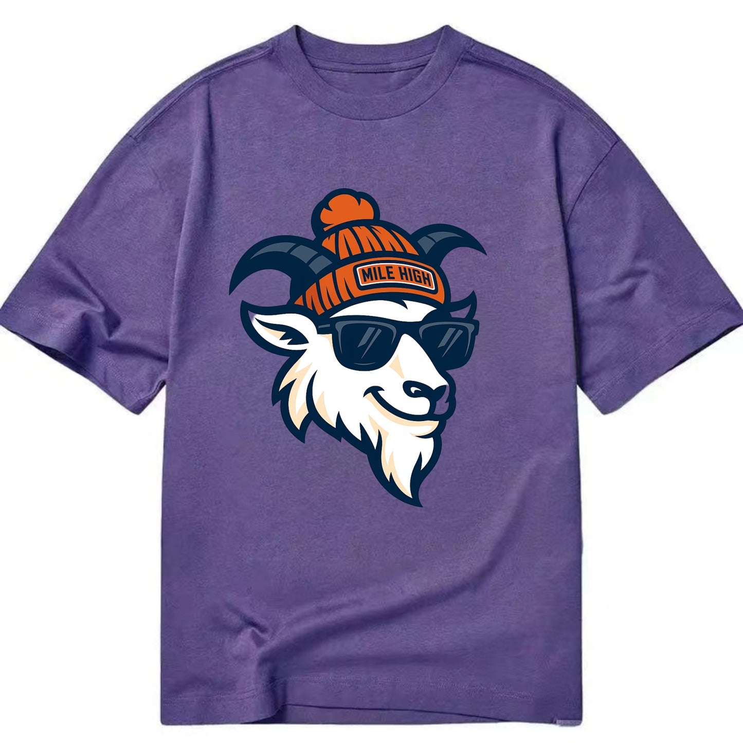 Denver Mountain Goat wearing Broncos beanie with Mile High patch and wayfarer - Classic T-shirt - Purple