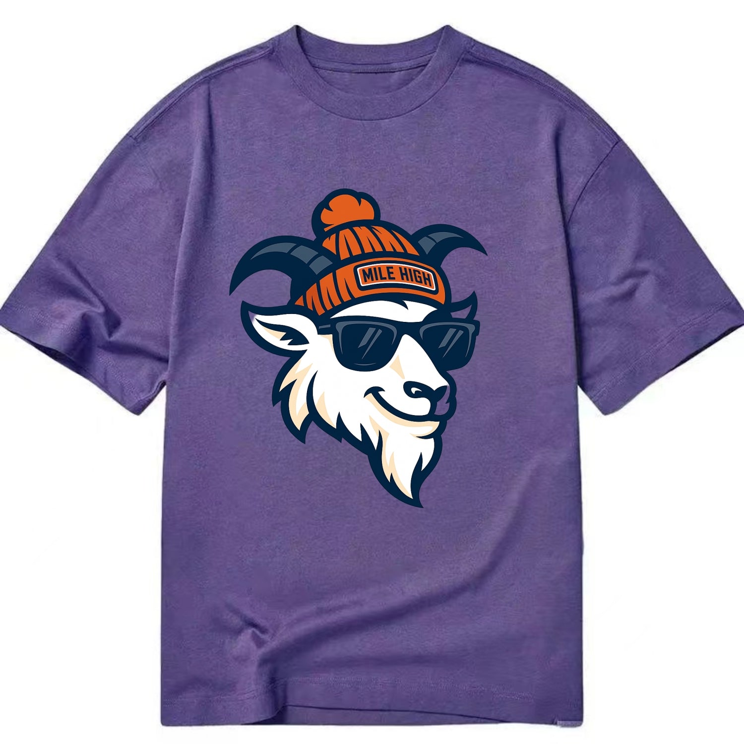 Denver Mountain Goat wearing Broncos beanie with Mile High patch and wayfarer - Classic T-shirt - Purple