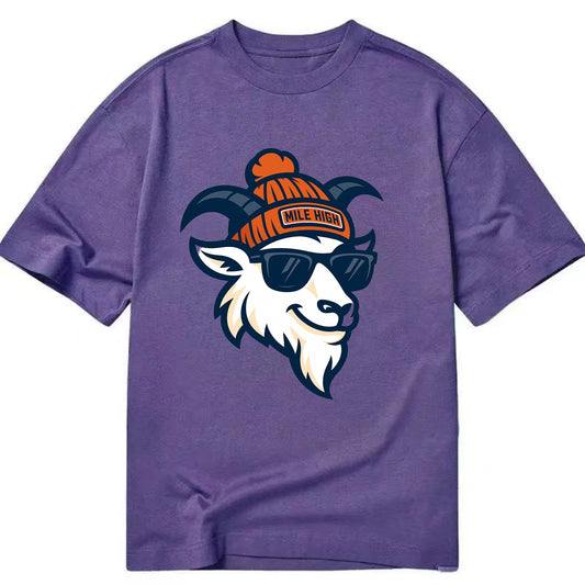 Denver Mountain Goat wearing Broncos beanie with Mile High patch and wayfarer - Classic T-shirt - Purple
