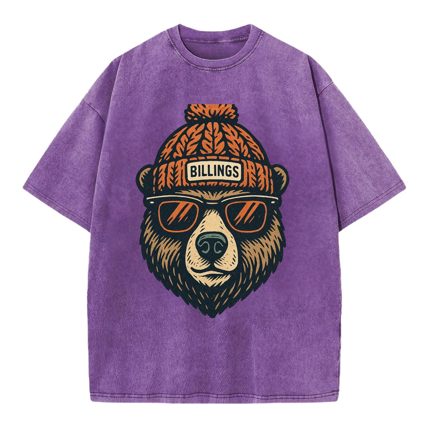 Montana Grizzly Bear wearing Billings beanie with pom pom and wayfarer sunglasses - Vintage T-shirt - Purple