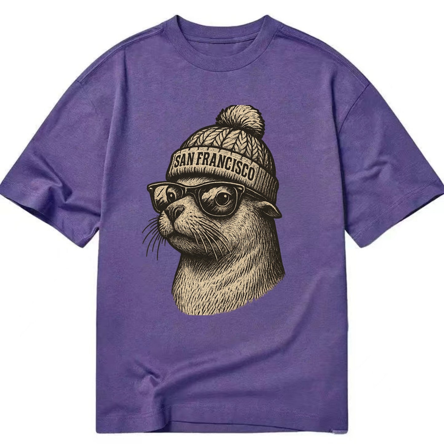 San Francisco Sea Lion wearing San Francisco beanie with pom pom and wayfarer - Classic T-shirt - Purple