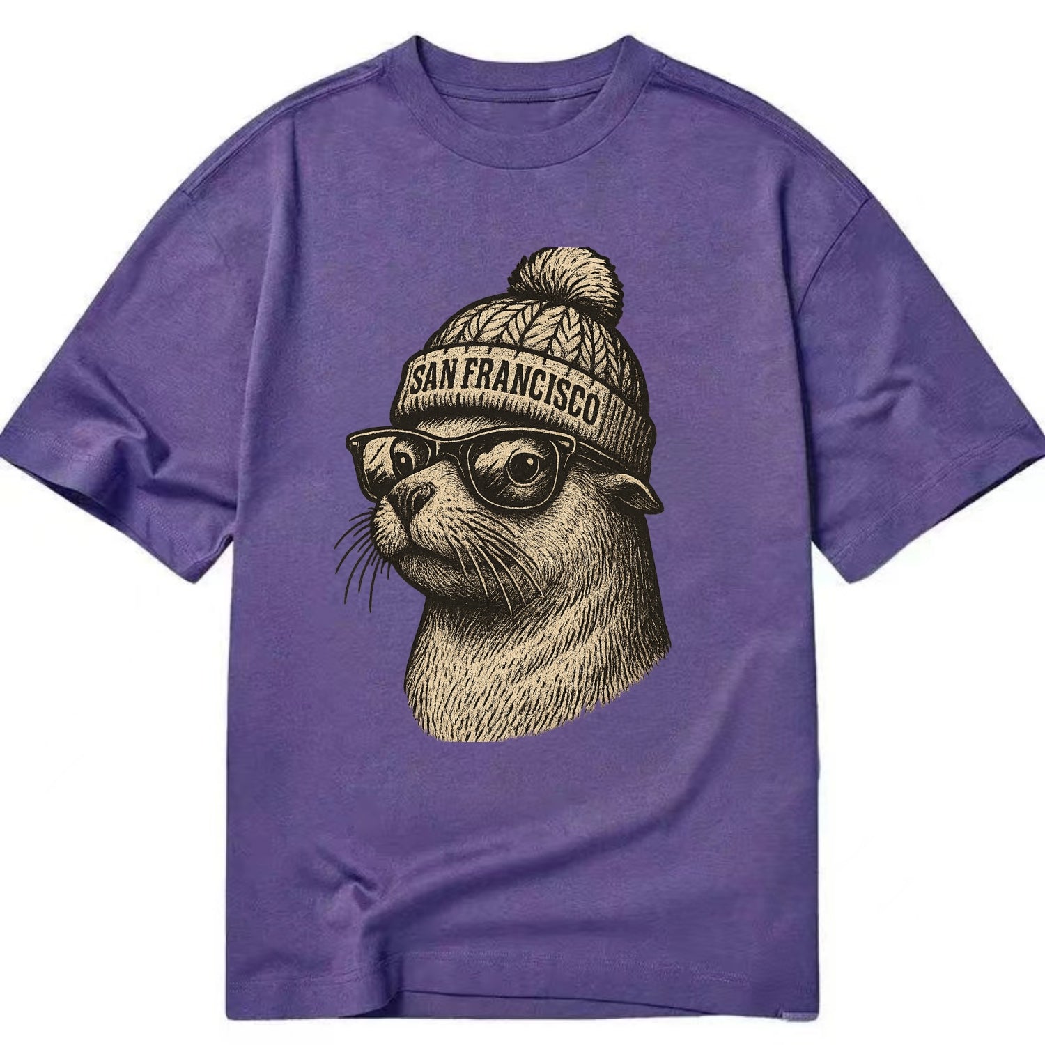 San Francisco Sea Lion wearing San Francisco beanie with pom pom and wayfarer - Classic T-shirt - Purple