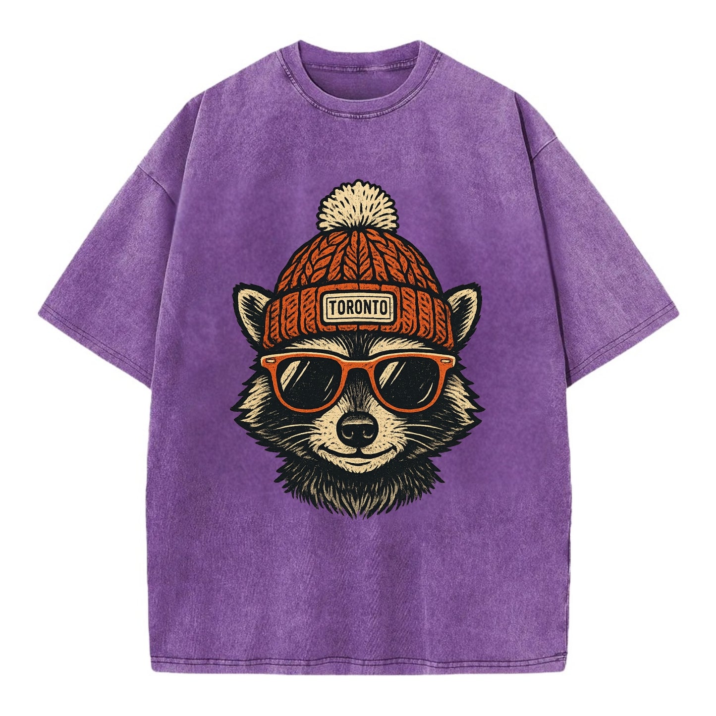 Toronto Raccoon wearing Toronto beanie with pom pom and wayfarer sunglasses - Vintage T-shirt - Purple