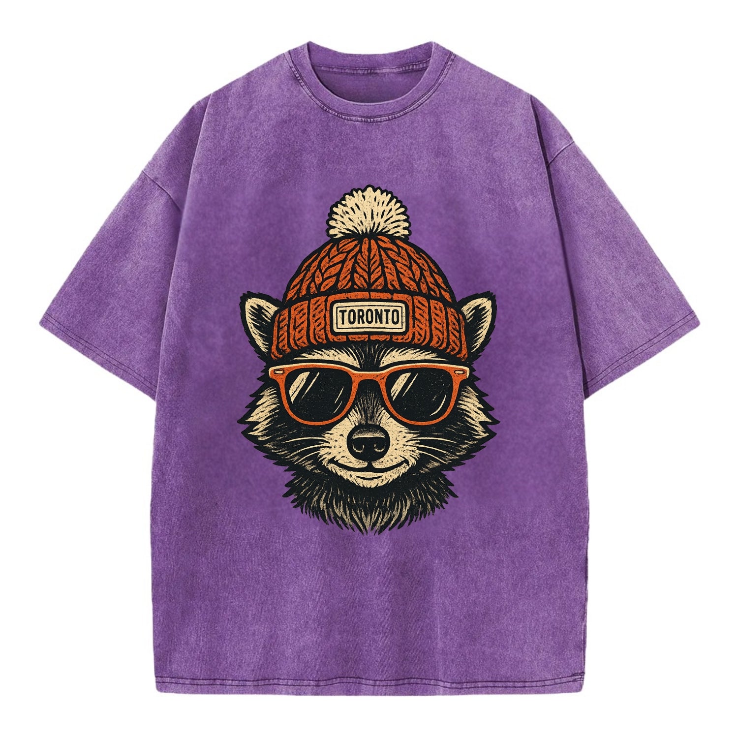 Toronto Raccoon wearing Toronto beanie with pom pom and wayfarer sunglasses - Vintage T-shirt - Purple