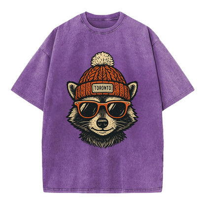 Toronto Raccoon wearing Toronto beanie with pom pom and wayfarer sunglasses - Vintage T-shirt - Purple
