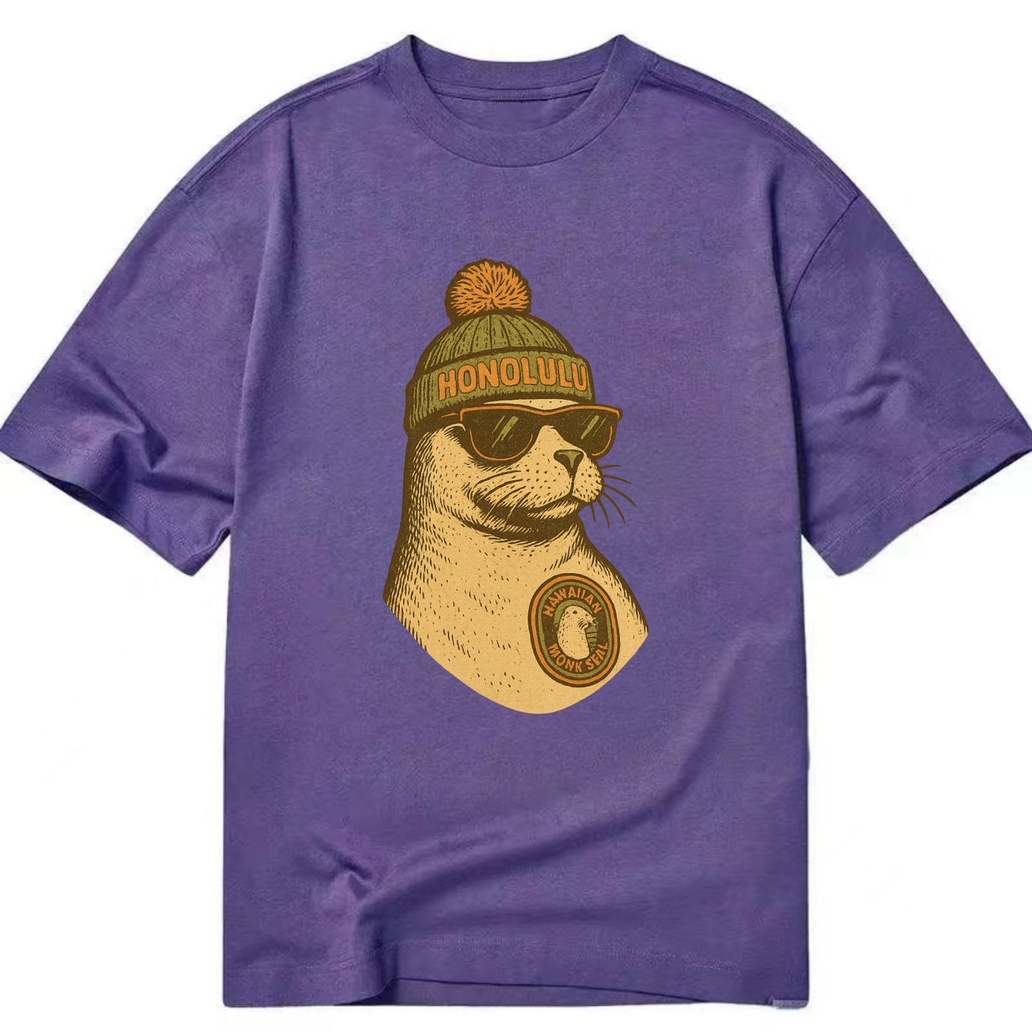 Hawaii Monk Seal wearing Honolulu beanie with pom pom and wayfarer sunglasses - Classic T-shirt - Purple