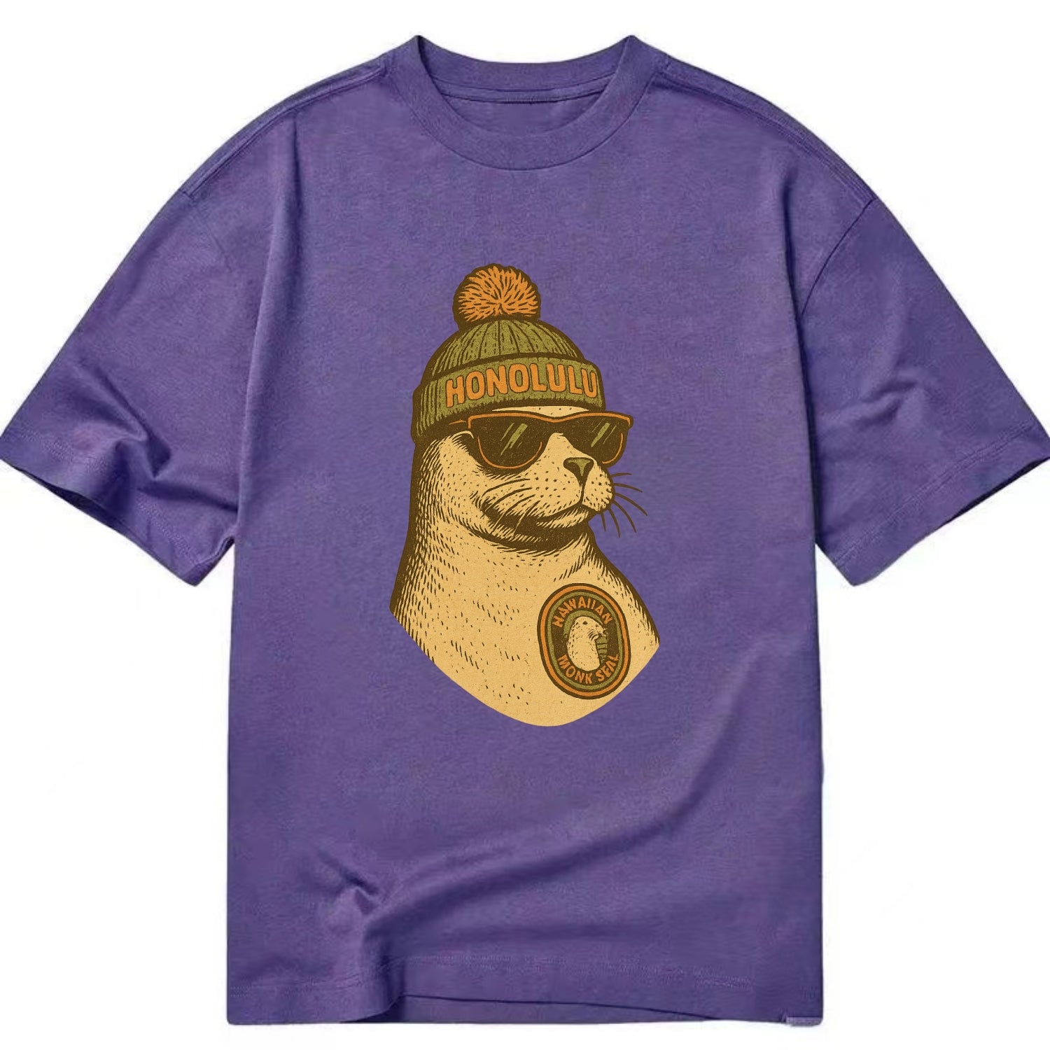 Hawaii Monk Seal wearing Honolulu beanie with pom pom and wayfarer sunglasses - Classic T-shirt - Purple