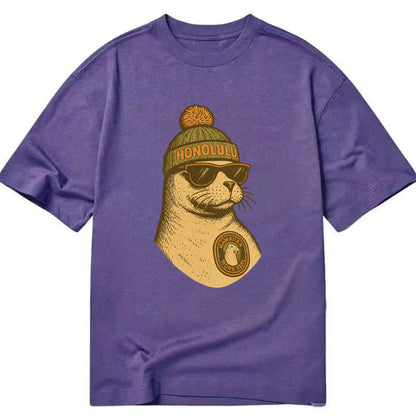 Hawaii Monk Seal wearing Honolulu beanie with pom pom and wayfarer sunglasses - Classic T-shirt - Purple