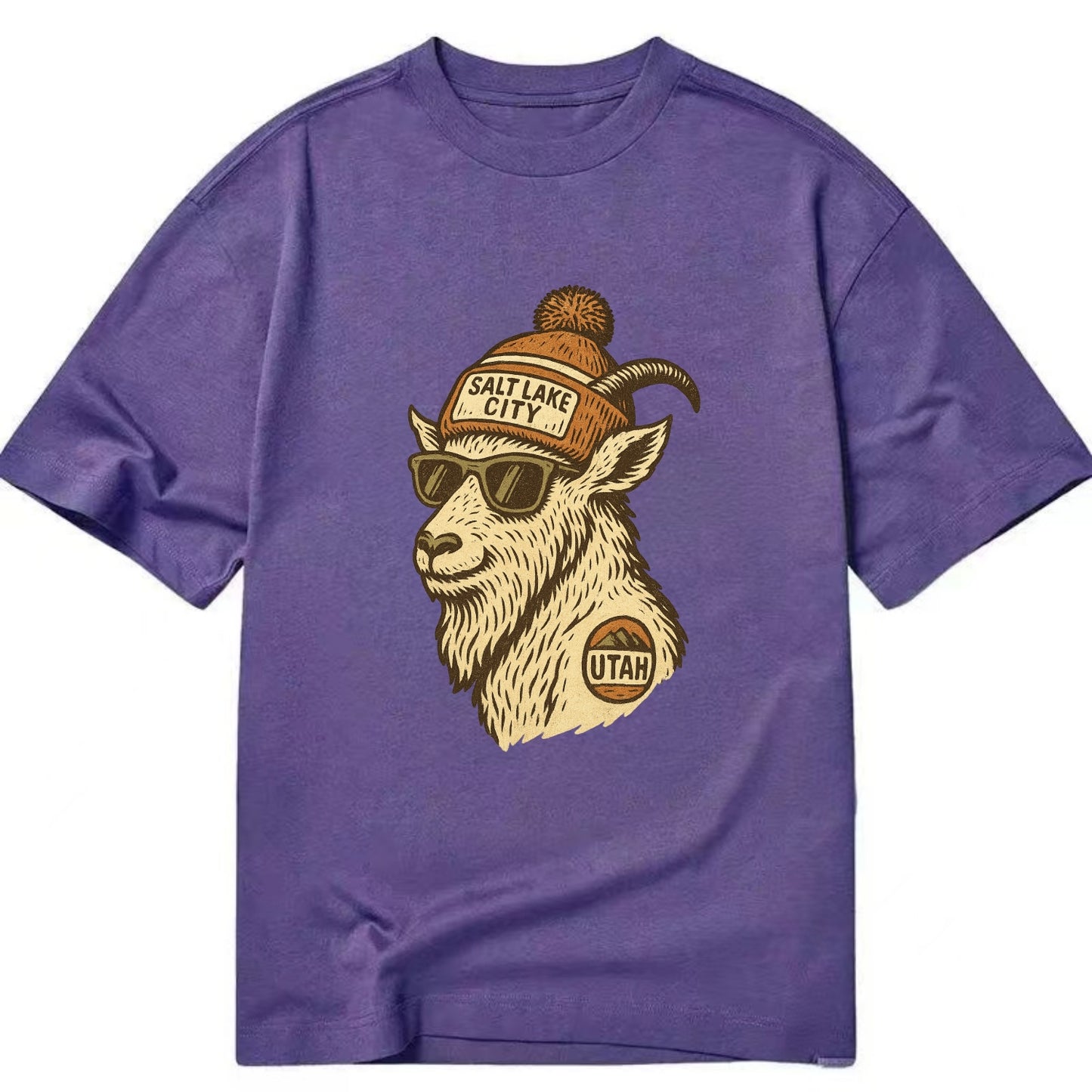 Utah Mountain Goat wearing Salt Lake City beanie with pom pom and wayfarer - Classic T-shirt - Purple