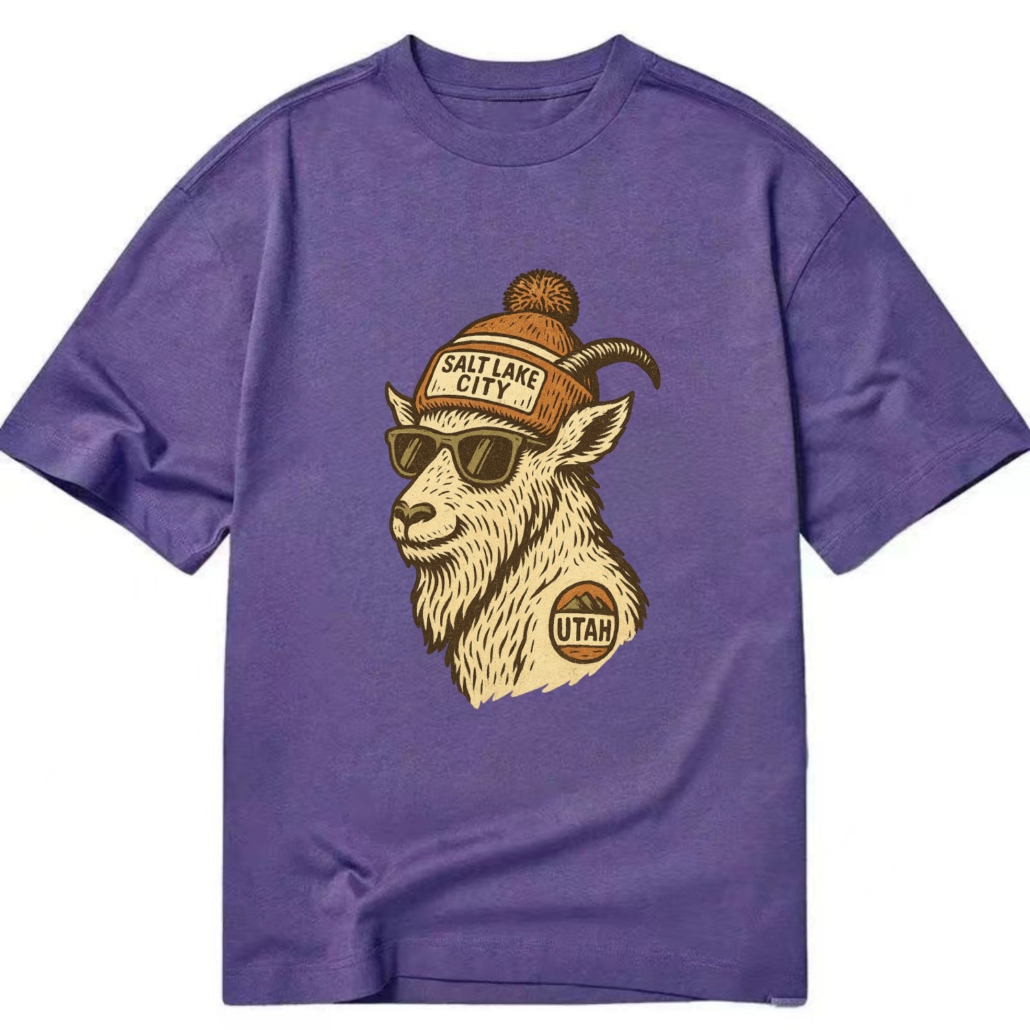 Utah Mountain Goat wearing Salt Lake City beanie with pom pom and wayfarer - Classic T-shirt - Purple